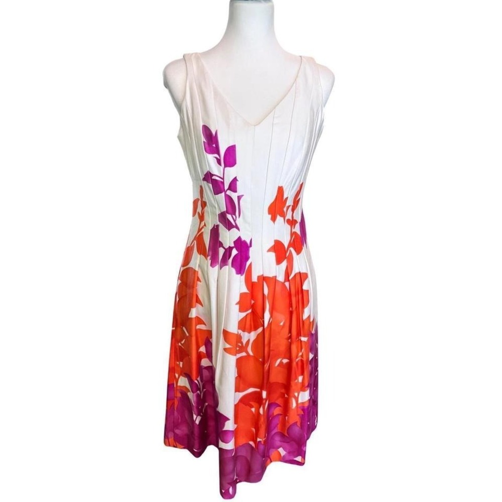 Jones Wear Dress Womens Floral Fit and Flare Midi V-Neck Pleated White Orange 8